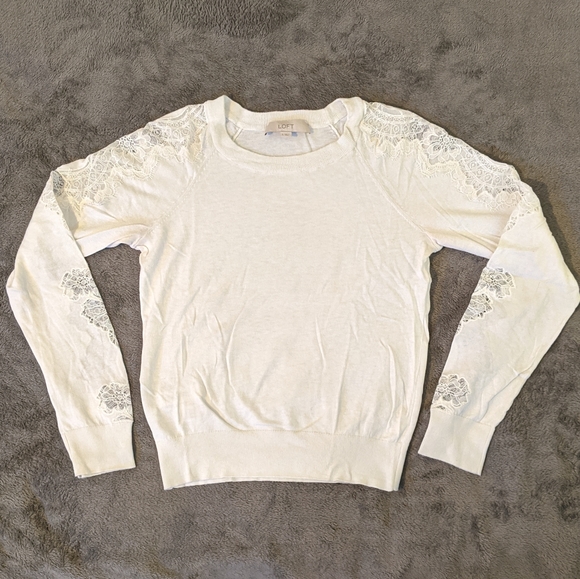 LOFT Sweaters - LOFT Lace Sleeve White Sweater